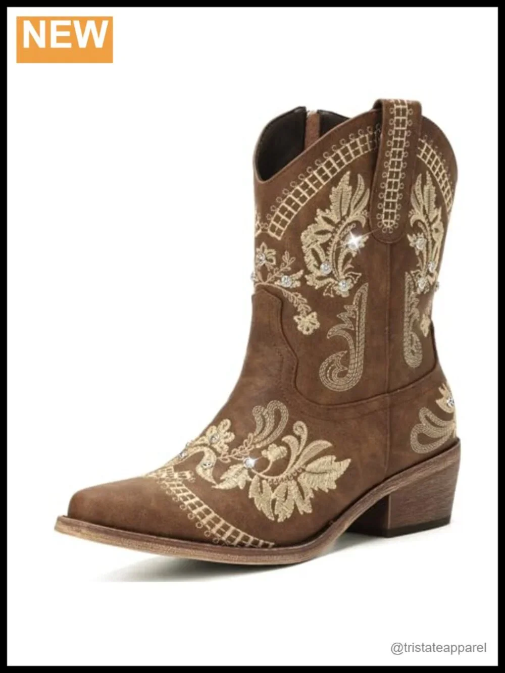 Women's Ankle Cowboy Boots – PU Leather, Pointed Toe, Block Heel, Sparkly